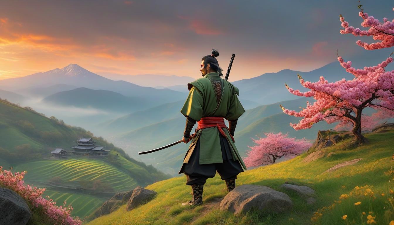  the samurai stands on the edge of the mountain and looks into the distance, art style, cherry nature blooms, bright beautiful flowers, green fields below the village burns in flames, at sunset hyperrealistic, full body, detailed clothing, highly detailed, cinematic lighting, stunningly beautiful, intricate, sharp focus, f/1. 8, 85mm, (centered image composition), (professionally color graded), ((bright soft diffused light)), volumetric fog, trending on instagram, trending on tumblr, HDR 4K, 8K