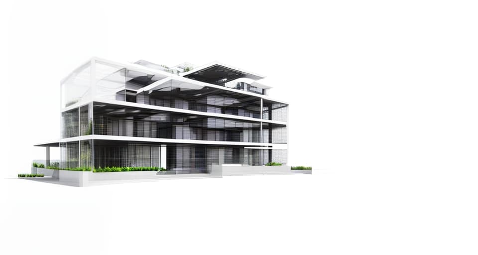 mdjrny-v4 style architectural, high quality, exterior perspective, 3 story office building, designed by sanaa, weather around building is clear