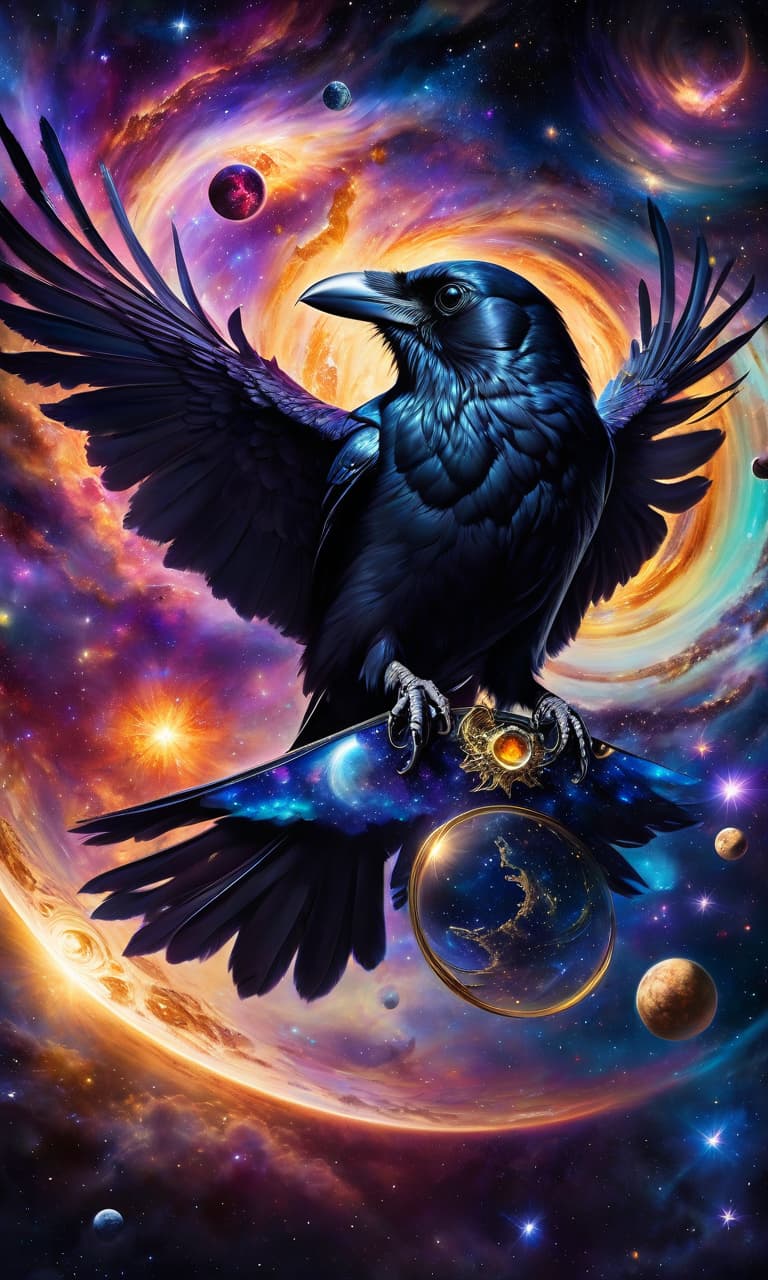  space themed (masterpiece, photorealism, surrealism art:1. 3), oil painting. (distant background:1,3). magnificent fairy tale bird ((black raven)) with luxurious wings and golden crown (soaring) in space, holographic scene, black raven, meticulous drawing of bird, wings open, parade of planets floating overhead, intricate details on each planet, rings and moons visible, surreal atmosphere, splash art style, spark and glow effects, hallucinatory elements, high resolution, best quality, dreamy setting, vivid colors, space background, swirling stars and galaxies, ethereal glow, mesmerizing and otherworldly, detailed and realistic textures, mesmerizing and enchanting composition. gorgeous, painterly, mysterious, magical, magical, fantasy compos