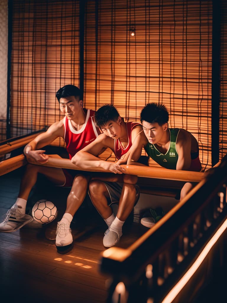  masterpiece, best quality, High resolution photo of three Chinese male age athletes, relaxing in big comfortably, , seen from above, cozy evening atmosphere, warm room light, string lights on the wall