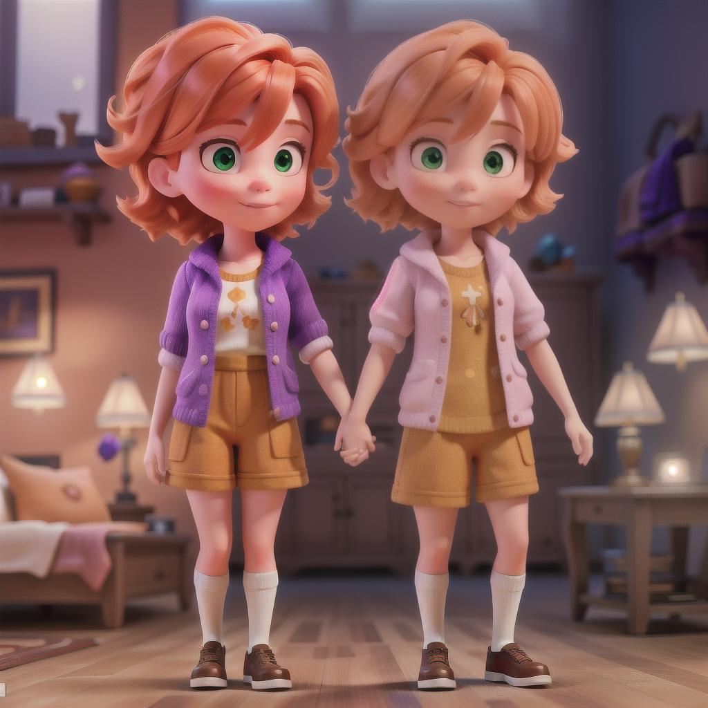  A orange haired girl holding hands with a little purple haired boy hyperrealistic, full body, detailed clothing, highly detailed, cinematic lighting, stunningly beautiful, intricate, sharp focus, f/1. 8, 85mm, (centered image composition), (professionally color graded), ((bright soft diffused light)), volumetric fog, trending on instagram, trending on tumblr, HDR 4K, 8K