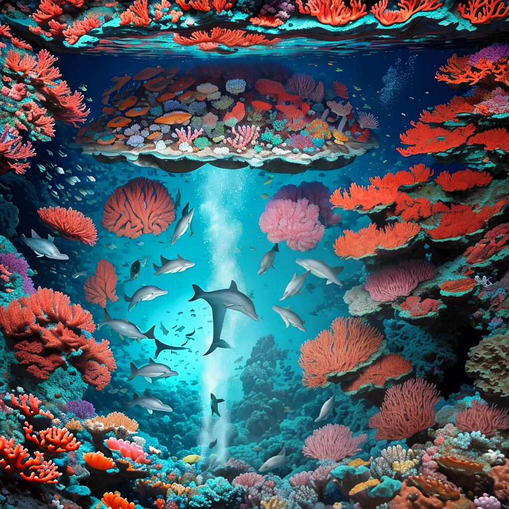  masterpiece, best quality, Most Beautiful in deep sea teeming with vibrant corals, diverse marine life, and enchanting underwater landscapes, full of corals, acrophore, small fishes, anemones, dolphin, various algaes, caves, colorful,all captured in stunning 8k resolution with intricate details.