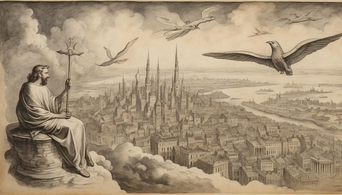  on parchment, surrealism++, figure soaring through the sky above a sprawling city, untethered, cape flowing, sense of freedom and invincibility, city detailed with futuristic buildings, bright and dynamic(mysterious, provocative, symbolic)++