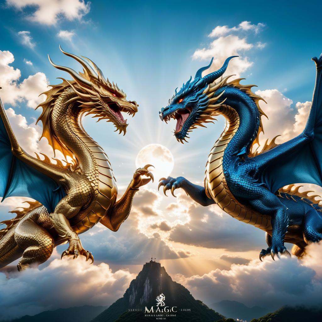  cinematic photo a golden dragon and a blue dragon fight in the sky . 35mm photograph, film, bokeh, professional, 4k, highly detailed, civitai, hkmagic