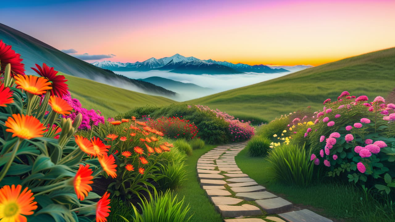  a serene landscape featuring a winding path leading towards distant mountains, with milestones marking various goals along the way, surrounded by vibrant flowers and a clear blue sky, symbolizing progress and aspiration. hyperrealistic, full body, detailed clothing, highly detailed, cinematic lighting, stunningly beautiful, intricate, sharp focus, f/1. 8, 85mm, (centered image composition), (professionally color graded), ((bright soft diffused light)), volumetric fog, trending on instagram, trending on tumblr, HDR 4K, 8K