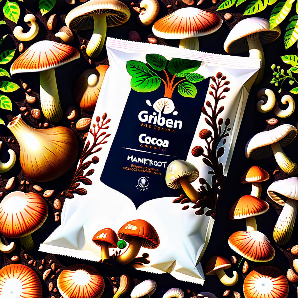  image of packaging of cocoa with mushrooms, plants, bark, roots. name of gribenergy, logo