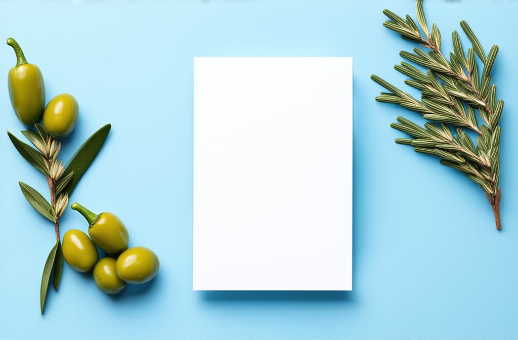  minimalist feminine styled invitation card mock up with olive branches and pepper place for text and recipes, blue background, flat lay ar 3:2 {prompt}, maximum details