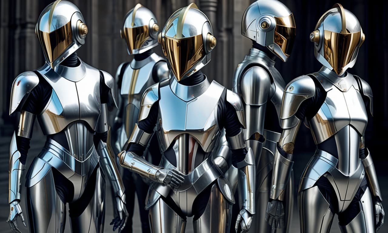  countless legions of identical faceless androgynous droids. all dressed in identical jumpsuits with high tech but stylized medieval mirrorscale armor and sleek high tech full face helmets with mirrored visors,