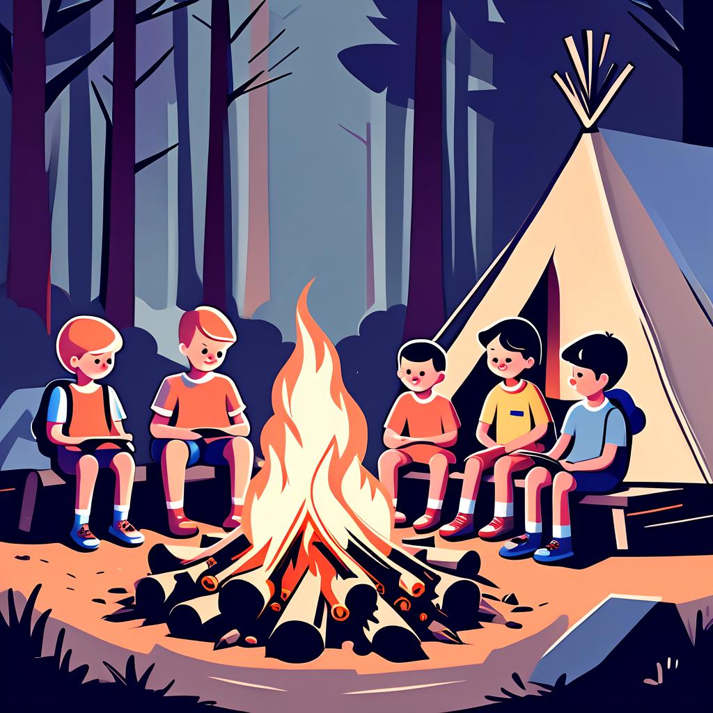  minimalist style children sitting at a campfire in a children's summer camp retro style sketch . simple, clean, uncluttered, modern, elegant