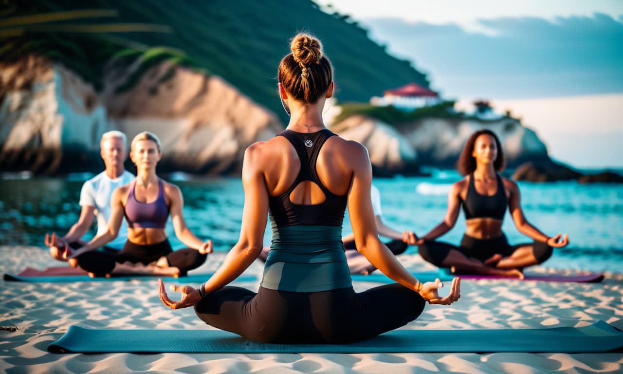  cinematic photo beautiful people practice yoga by the ocean . 35mm photograph, film, bokeh, professional, 4k, highly detailed