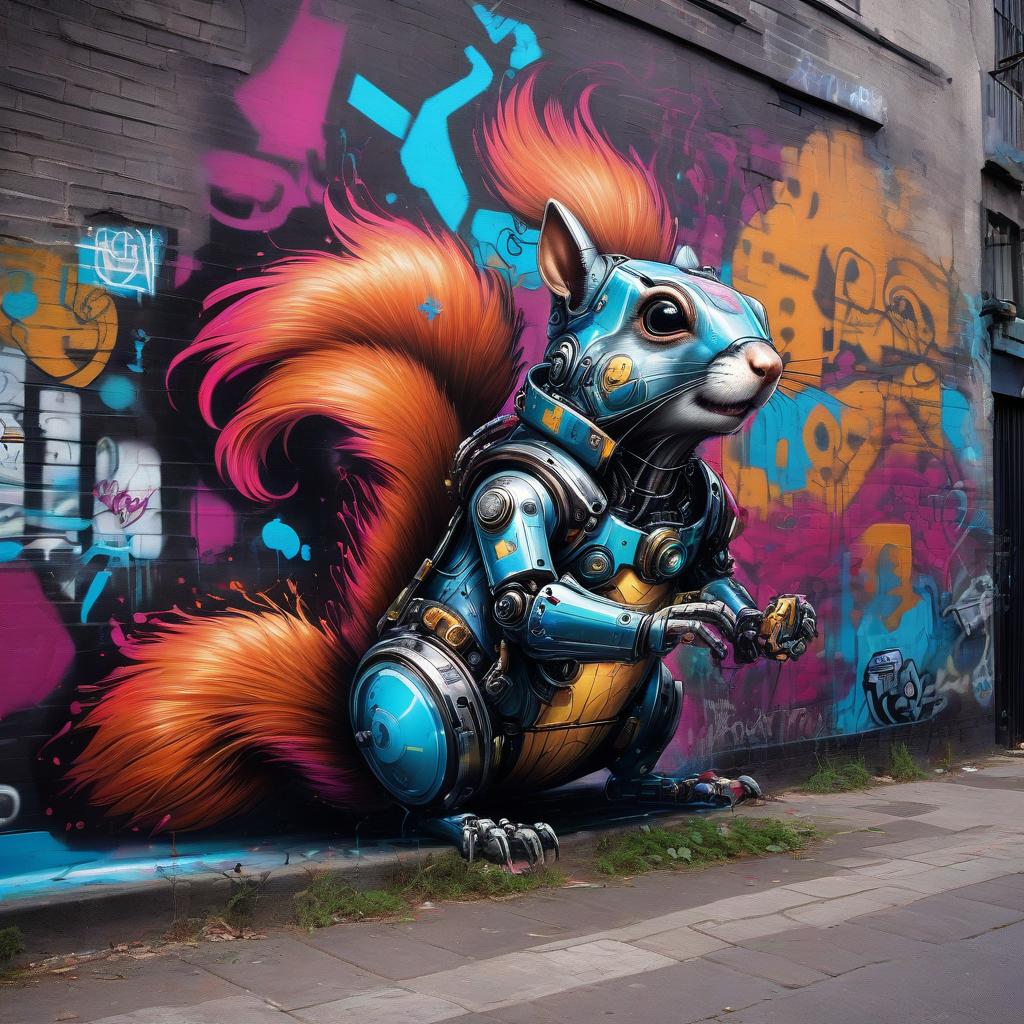  graffiti style cyberpunk, gothic, rococo, robot squirrel. . street art, vibrant, urban, detailed, tag, mural