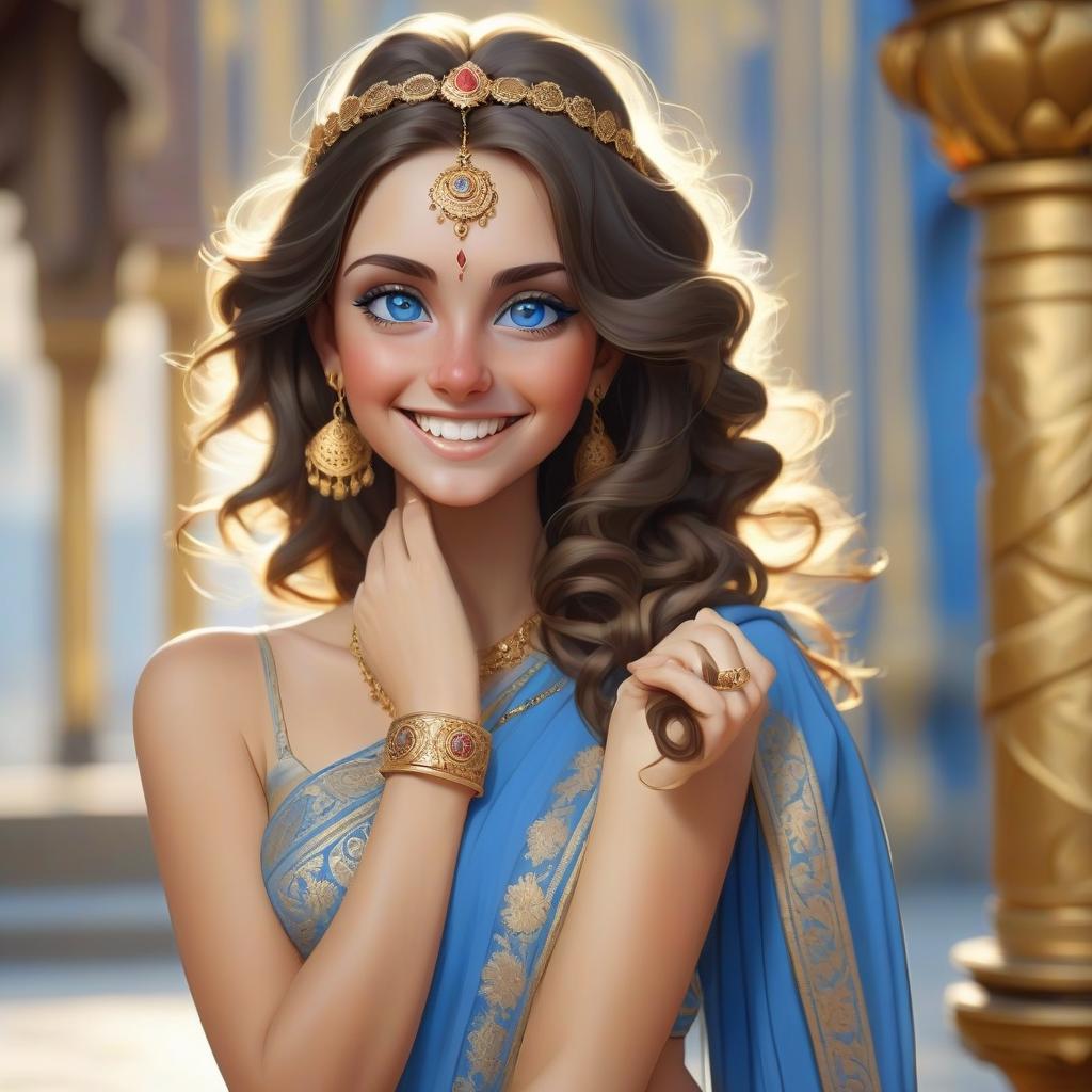  beautiful girl brunette, with a tender smile, with wavy hair, with golden skin, in a blue sari, with blue eyes, with decoration on her forehead, with a ring in her nostril, around her lotuses