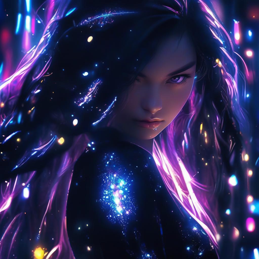  hyperrealistic art a close up of a person with long hair, neon noire, anime illustrated, shiny black dress, the style of wlop, dark hair, heavy jpeg artifact blurry, portrait gracious saint, sparkles all around, straight black hair, avatar image . extremely high resolution details, photographic, realism pushed to extreme, fine texture, incredibly lifelike