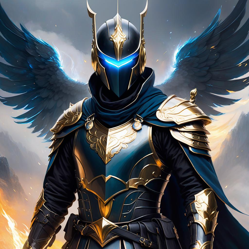  ethereal fantasy concept art of armored man showing no face in his helmet only glowing gold eyes and a black ponytail out the back of his helmet wearing a black cloak with silver accents using blue fire wings. magnificent, celestial, ethereal, painterly, epic, majestic, magical, fantasy art, cover art, dreamy