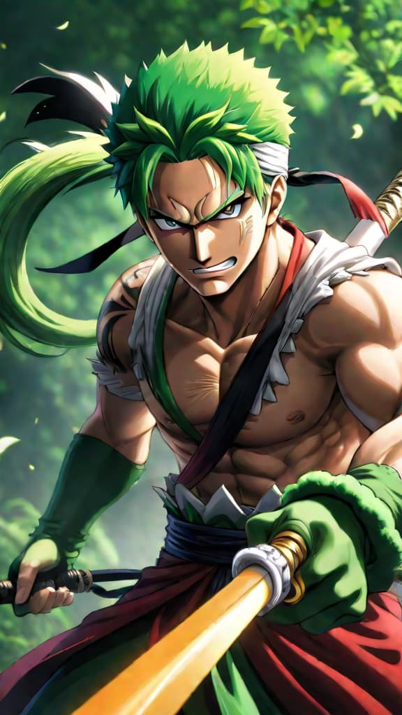  anime art: zoro from one piece with asura technique, displaying three faces and six arms. hyperrealistic, full body, detailed clothing, highly detailed, cinematic lighting, stunningly beautiful, intricate, sharp focus, f/1. 8, 85mm, (centered image composition), (professionally color graded), ((bright soft diffused light)), volumetric fog, trending on instagram, trending on tumblr, HDR 4K, 8K