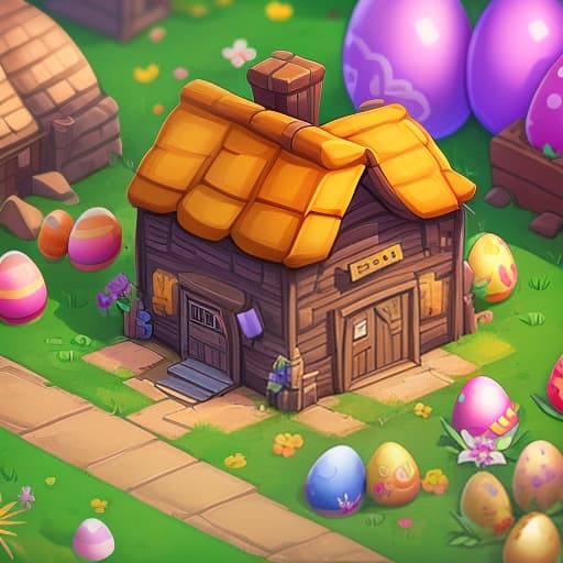  isometric, game, town, one character, old farmer, spring, easter, event, colored eggs, decoration on buildings