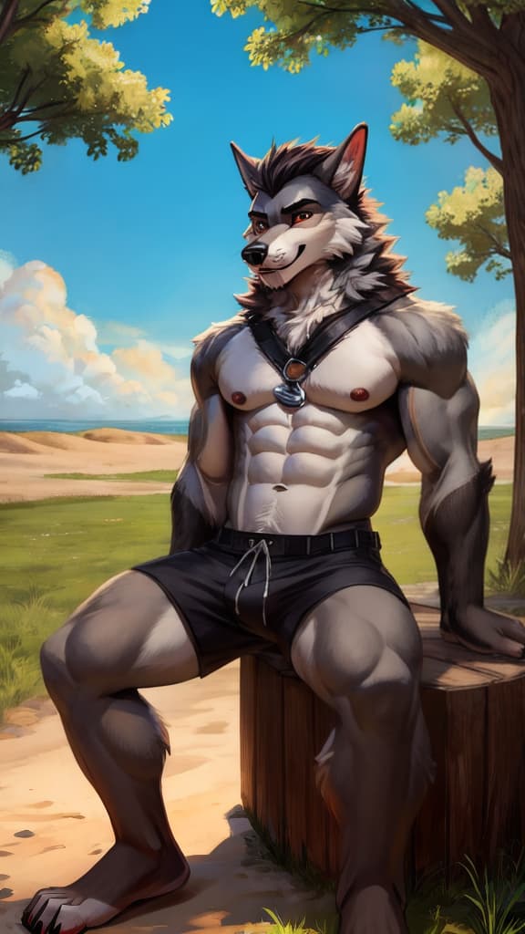   skinny gray male age werewolf with prominent abs, gray fur, and an erect canine ing himself