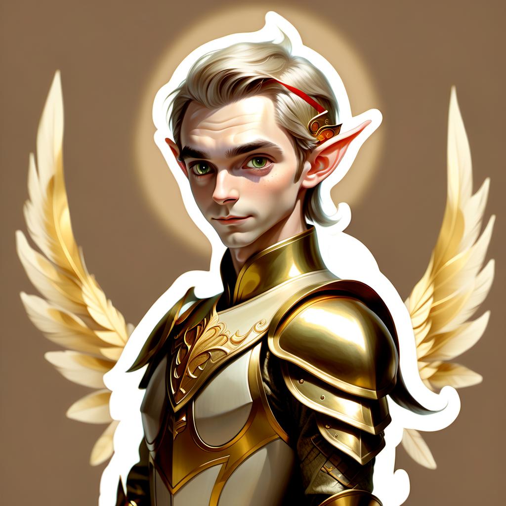  perfect world, elf, plumage on the head, man, bow in hands, armor, beige tones, gold, sticker, sticker