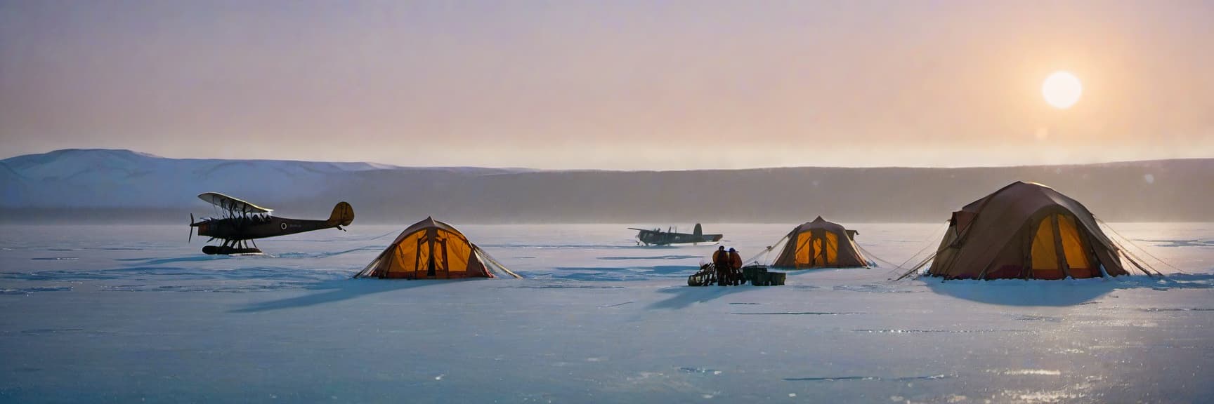  cinematic photo the arctic. ice hummocks. a polar explorers' camp. three tents. two containers. evening twilight. the sun is half below the horizon. a giraffe and three large beavers are wandering around the camp. a snowstorm. light fog. a three engine piston plane from the 1940s is coming in for a landing in the sky. . 35mm photograph, film, bokeh, professional, 4k, highly detailed, film photography style