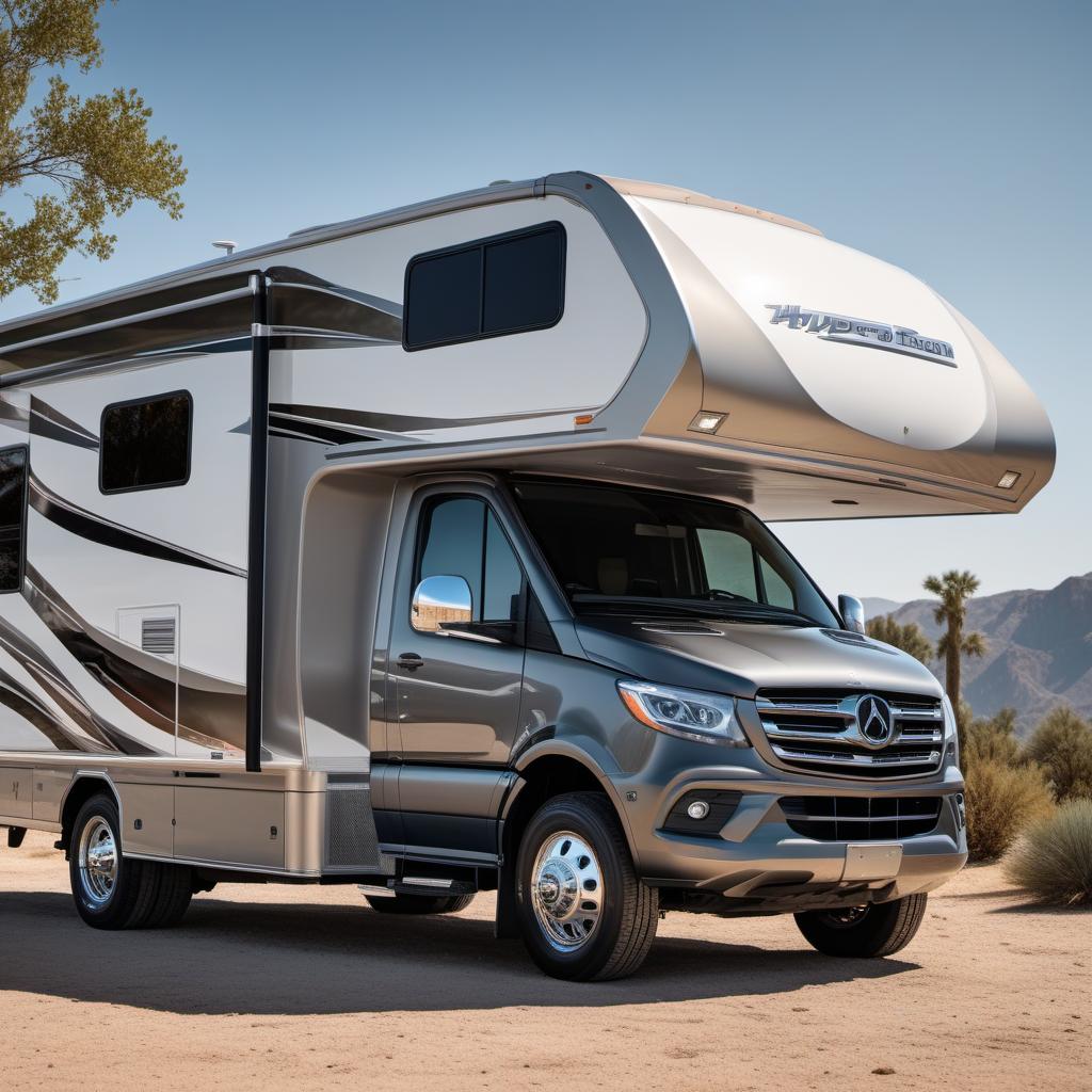  A detailed image of a fifth wheel RV in a realistic style. The RV should be clearly identifiable as a fifth wheel type, featuring the over-the-truck-bed design that distinguishes it from other RVs. hyperrealistic, full body, detailed clothing, highly detailed, cinematic lighting, stunningly beautiful, intricate, sharp focus, f/1. 8, 85mm, (centered image composition), (professionally color graded), ((bright soft diffused light)), volumetric fog, trending on instagram, trending on tumblr, HDR 4K, 8K