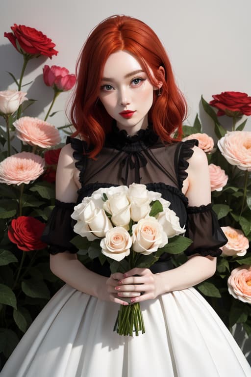  Jane Harbor pale skin ((bright red hair)) Black dress, beautiful, white and black flowers