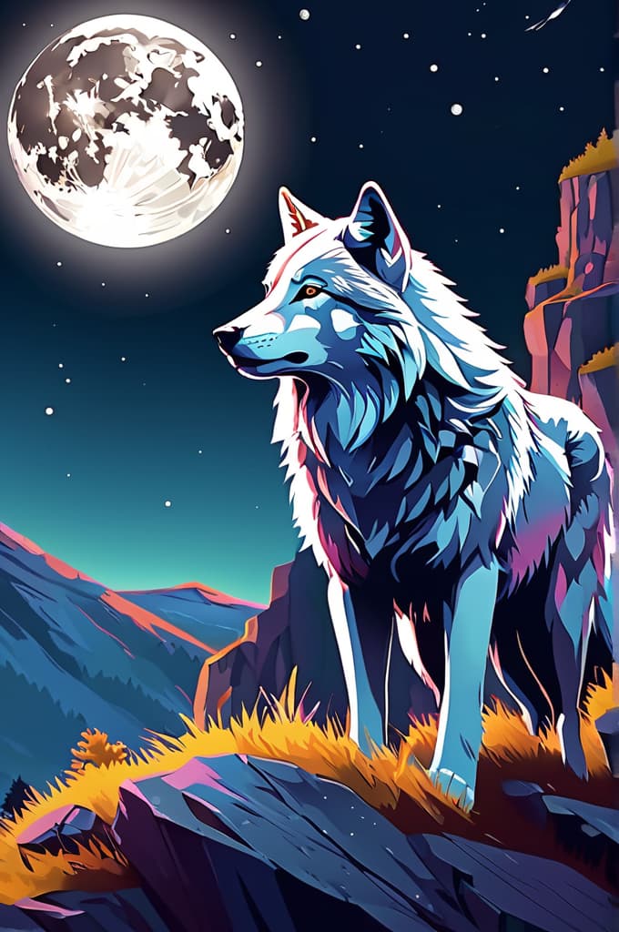  a wolf on rop of a cliff woth full moon and a gradient galaxy background next to the cliff there is a lake, 4k