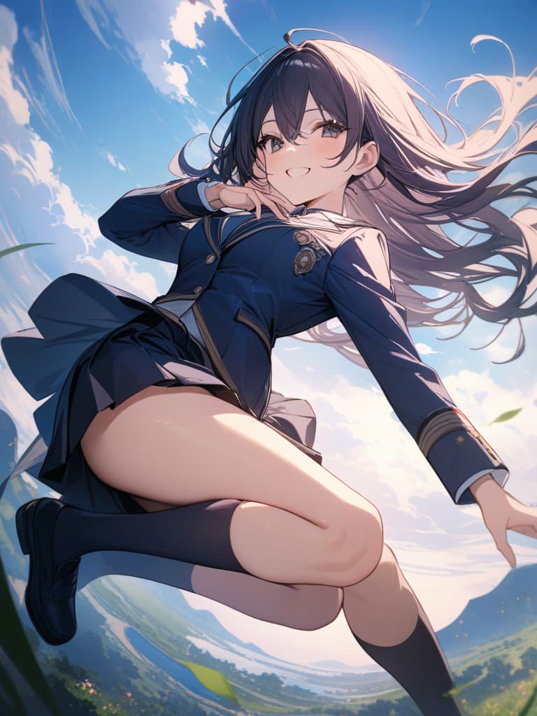  smile girl, dark blue blazer, uniform, mini , long hair, cute, dark blue high socks, masterpieces, fluctuations in the wind, jumping, masterpiece, best quality,8k,ultra detailed,high resolution,an extremely delicate and beautiful,hyper detail