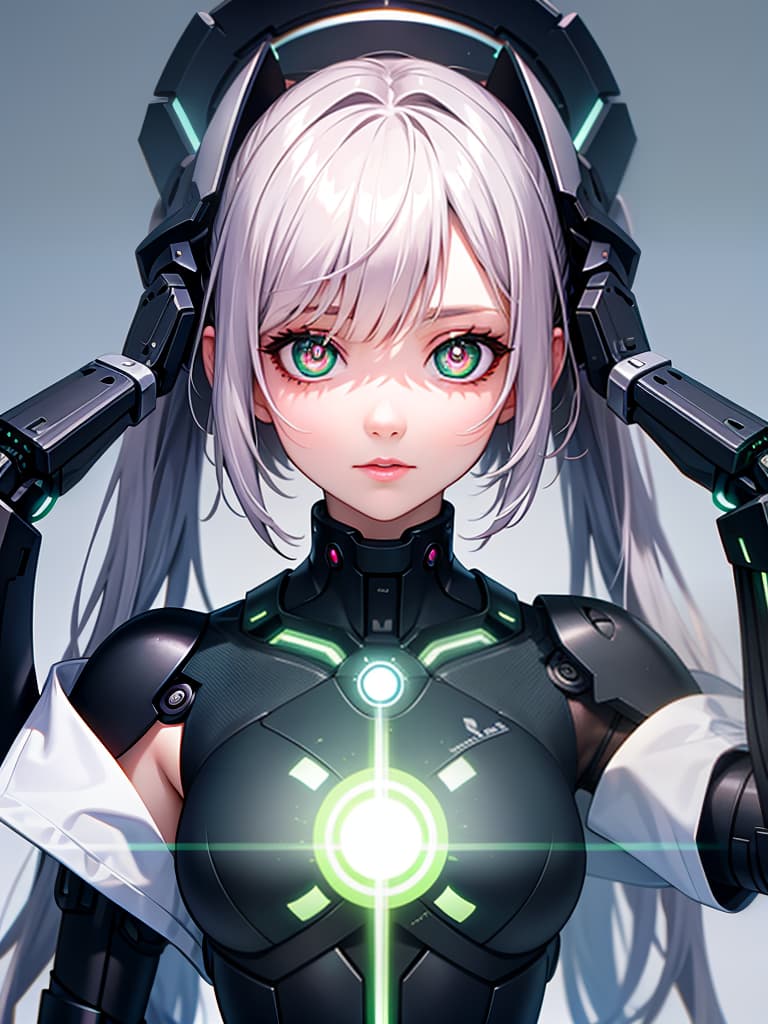  masterpiece,((cg,best artistic,v ray render)),no humans,close view,portrait,face only,white slin,eye focus,solo,robot girl,collarbone,exoskeleton,mechanical joint((green eyes,glowing eyes,power symbol,power symbol shaped pupils,symbol shaped pupils)),