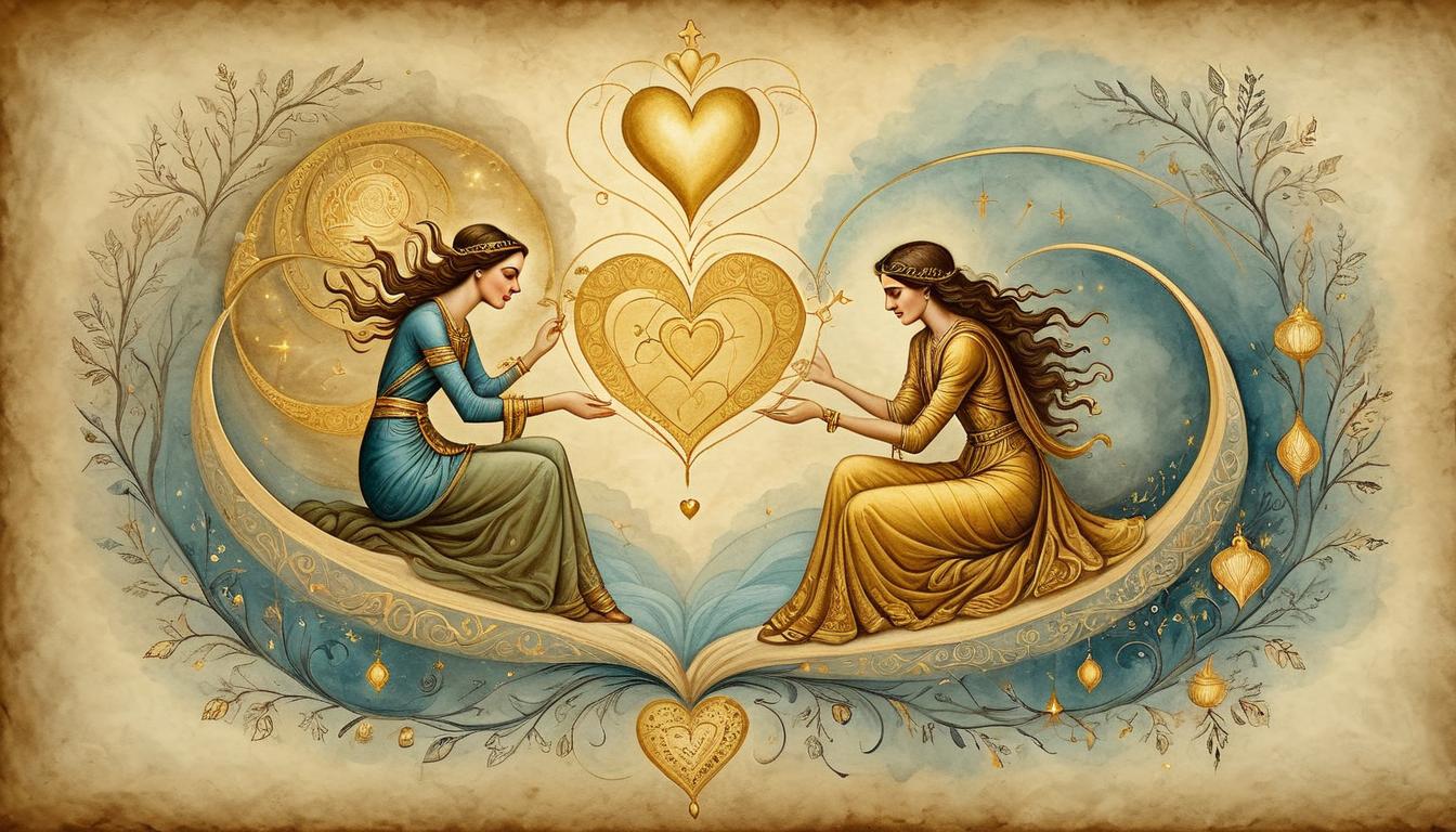  on parchment, surrealism+++, golden threads connecting hearts separated by distance, spiritual unity, divine connection, transcendent love(mysterious, provocative, symbolic,muted color)+++