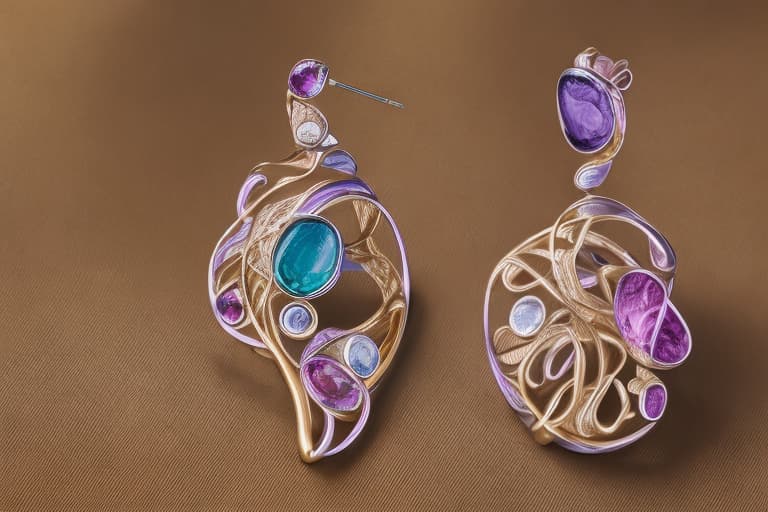 portrait+ style A hyper-realistic 4K image of five pairs of fine art Art Nouveau rings, each crafted in collaboration with the minds of Tiffany, Lalique, Mucha, and Fouquet. The earrings are designed with an English woodland theme motif, featuring flowing curvilinear shapes, whiplash curves, and biomorphic forms that evoke the essence of an English forest, adorned with intricate patterns of trees, leaves, and wildflowers. Each pair showcases deep textures and patina, along with multiple finishes such as hammered, polished, and matte. The earrings are further enhanced with plique-à-jour enameling and set with world-class gemstones, including faceted multi-color sapphires, Ethiopian opals, and white diamonds, all with the finest cuts, vivid colors, and scin