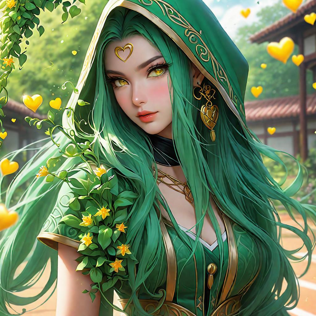  anime art very beautiful, girl, green skin woman, bright yellow eyes, hooded eyes, long hair, green dreads, plump lips, sharp angled eyebrows, roman nose, pointed ears, piercings, heart shaped face, green vine tattoos, flowers in hair, lean figure, long legs, fireflies, pollen, black and gold basket ball jersey, basketball court., award winning, professional, highly detailed, masterpiece