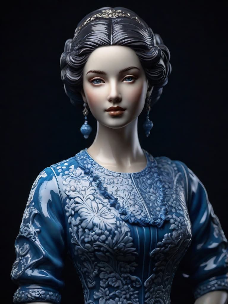  Close-up porcelain female figurine, looking to the camera, glossy surface, glaze, shiny, blue floral tattoos on her, dark gradient background, baroque dark style, hyperrealistic, CG society, intricate details