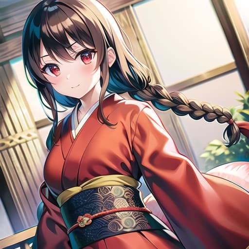  master piece , best quality,fragile, kimono, brown hair, red eyes, braids, dragon god, beautiful sister, cool