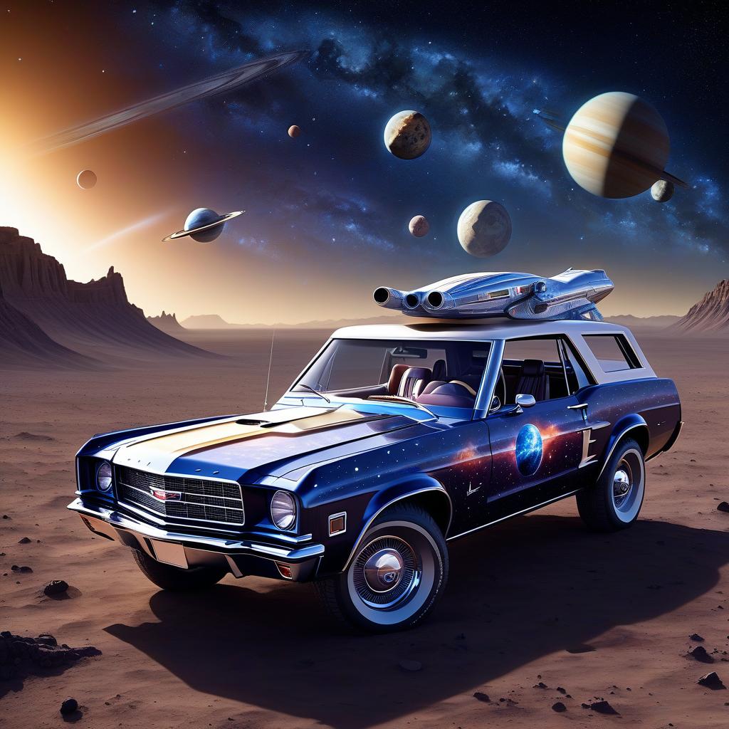  space themed Изящный, брутальный cadillac mustang bronco . cosmic, celestial, stars, galaxies, nebulas, planets, science fiction, highly detailed