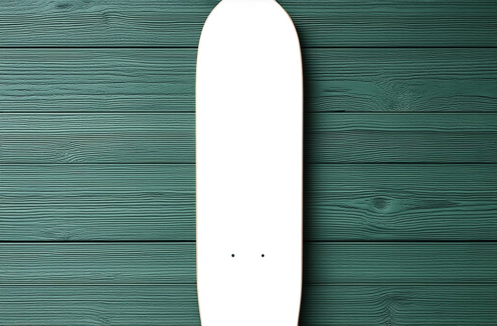  professional detailed photography, mockup of a blank white wooden skateboard from front and back ar 3:2, (muted colors, dim colors, soothing tones), (vsco:0.3)