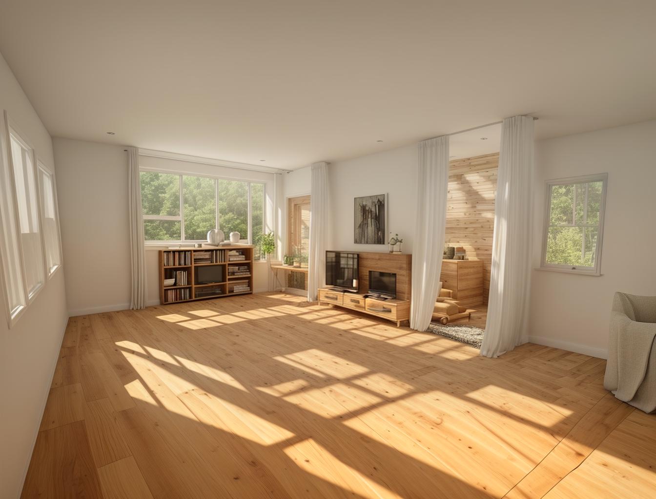  create a photorealistic rendering of a living room with a wooden floor, featuring a modern sofa placed near a large window. the room should feel cozy and inviting, with natural light streaming in from the window onto the warm wooden flooring.