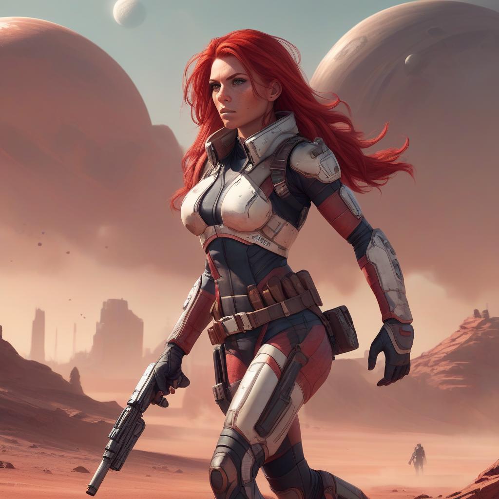  draw a full length female character, athletic build, red hair, the character lives on a distant colonized planet, specialization mercenary