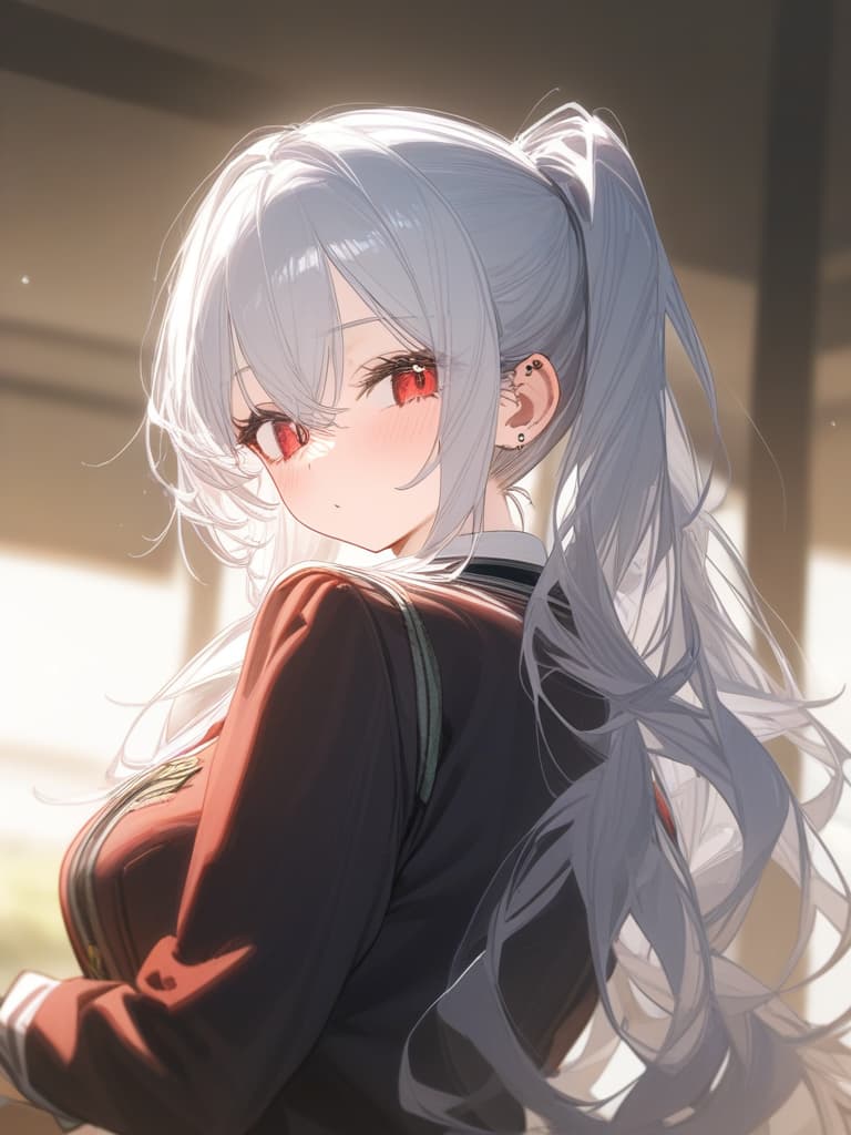  girls, ponytails, silver hair, jit, sleepy eyes, uniforms, red eyes, high school students, piercings, masterpiece, best quality,8k,ultra detailed,high resolution,an extremely delicate and beautiful,hyper detail