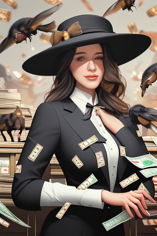  a woman in a suit and hat standing in front of stacks of money, hold scratch card machine with 6 animals symbols and 3 hearts symbols, a jigsaw puzzle JoWOnder, american barbizon school, futuristic female beekeeper, worksafe. cgsociety, worksafe.cgsociety