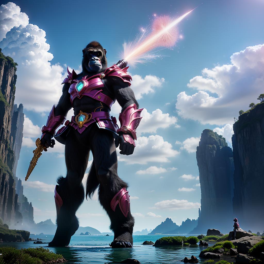  masterpiece, high quality, 4K, HDR BREAK A giant gorilla wearing a magical outfit, with a pink bow, frilly , and wand. The gorilla is striking a heroic pose, standing tall and proud, with one fist raised. The background is a colorful fantasy landscape, with swirling magical energy and sparkles. BREAK A giant gorilla wearing a magical outfit with a pink bow, frilly , and wand BREAK Heroic pose, standing tall and proud with one fist raised BREAK Colorful fantasy landscape with swirling magical energy and sparkles hyperrealistic, full body, detailed clothing, highly detailed, cinematic lighting, stunningly beautiful, intricate, sharp focus, f/1. 8, 85mm, (centered image composition), (professionally color graded), ((bright soft diffused light)), volumetric fog, trending on instagram, trending on tumblr, HDR 4K, 8K