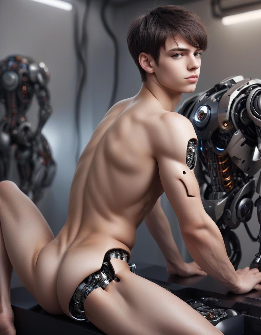  young guy, brunette, cyborg, robotic body parts