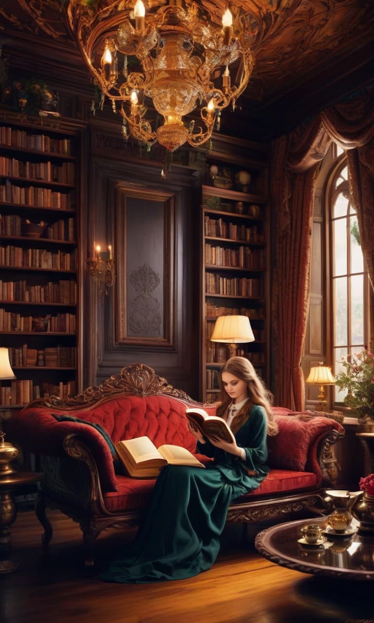  (masterpiece: 1.8, digital art: 1.3). bookstore in the style (hogwarts): (tall oak shelves to the ceiling), magical books on the shelves, ((carved stairs leading to the shelves upstairs: 1.4)), glowing objects, cozy (renaissance sofas, red velvet, with (gilded backs and armrests: 1, 3), next to ((table with tea set: 1,3)), ((fragrant tea in (thin porcelain cup: 1,2) on the table)). enchanting, mystical, magical cozy atmosphere. ((child: girl in modern clothes)), ((enthusiastically reading a book)), ((sitting on the sofa)). style: fantasy, mysticism, magic, steampunk (many details, high quality: 1.7).