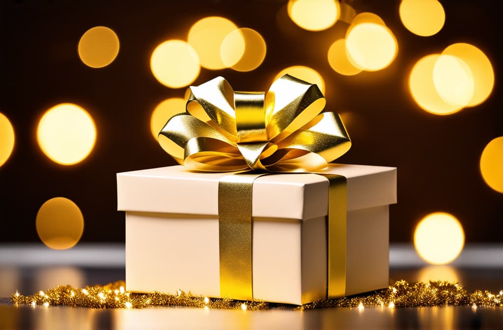  professional detailed photography, gift box with golden bow and ribbon on blurred background with golden round bokeh lights ar 3:2, (muted colors, dim colors, soothing tones), (vsco:0.3)