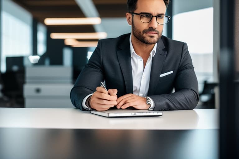  Handsome happy businessman in modern office looking on laptop, realistic, professional shot, sharp focus, 8K, insanely detailed, intricate, elegant, intricate office background