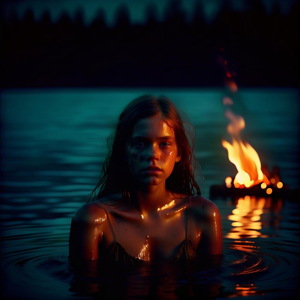  cinematic film still a girl sitting in the water, facing the camera, there's a fire on the water, grunge style, summer solstice, dark essence, frightening. girl calls and beckons . shallow depth of field, vignette, highly detailed, high budget, bokeh, cinemascope, moody, epic, gorgeous, film grain, grainy