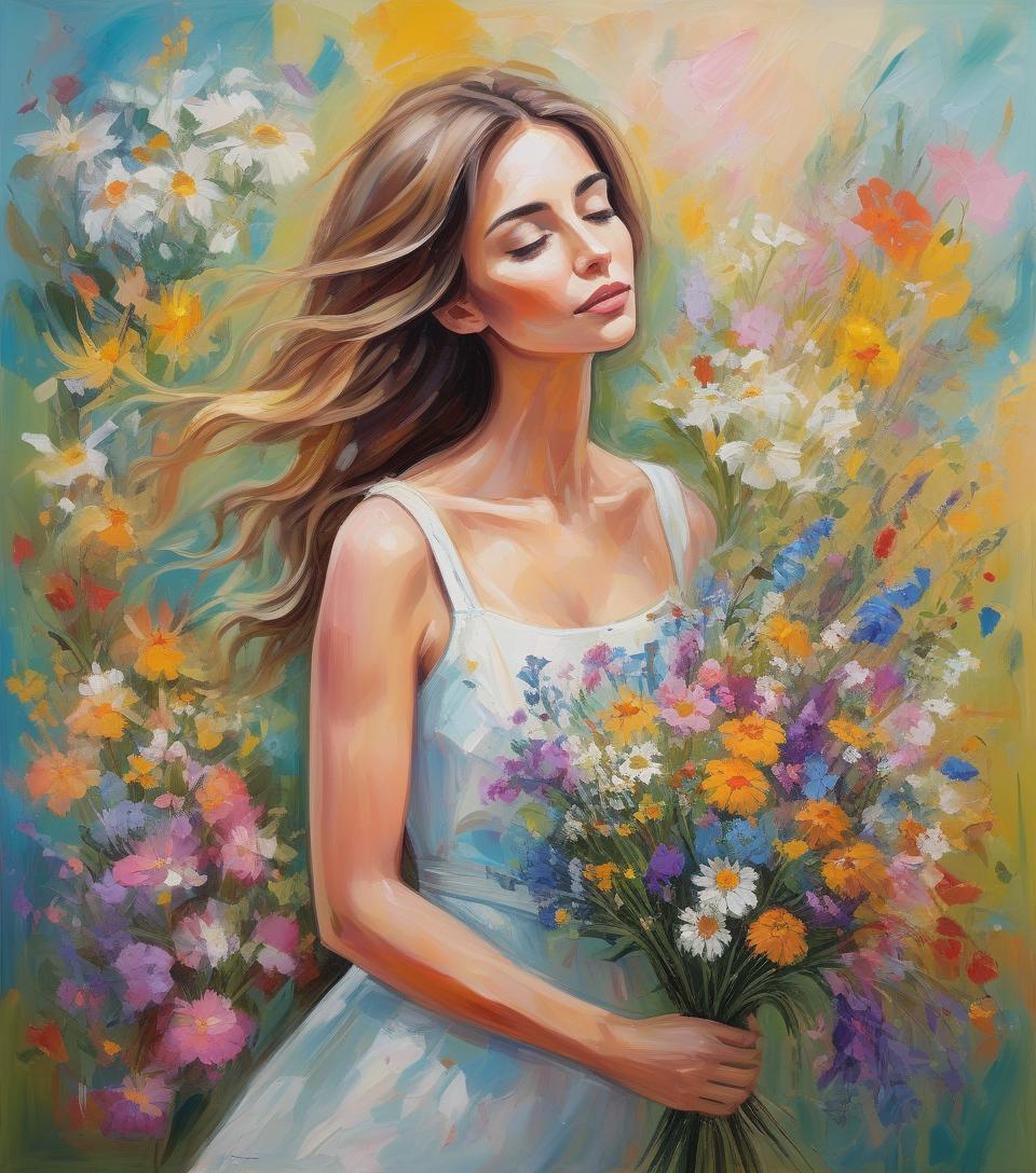  abstract expressionist painting garden wonders, beautiful woman holding a bouquet of wild flowers to her face, detailed summer garden background, wearing a summer dress, perfect face, delicate face, vivid colors, happiness, oil painting, expressive brushwork, highly detailed, delicate details . energetic brushwork, bold colors, abstract forms, expressive, emotional