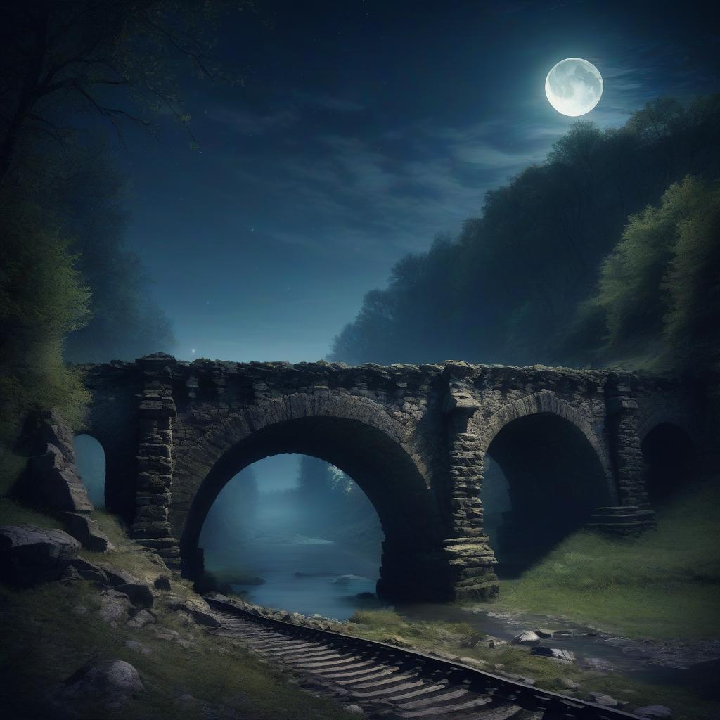  night. the ruins of an ancient stone bridge illuminated by mystical moonlight.railroad switches.