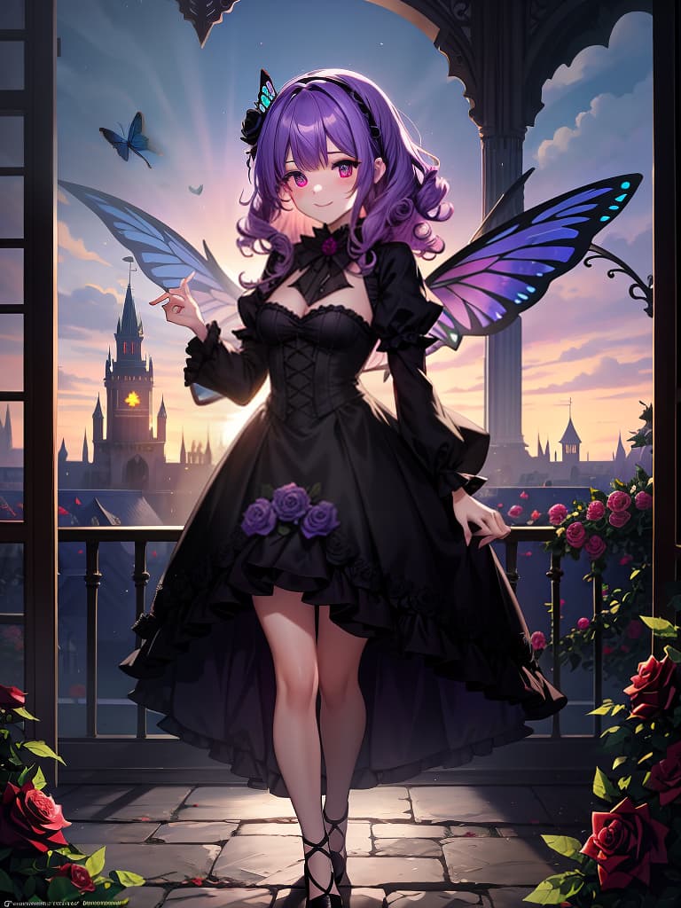  (masterpiece,top quality,ultra detailed:1.2),(dark lighting,deep shadow),(dark night,castle,flower garden,rose,dark fantasy:1.5),(madeon) break solo,girl,kawaii,cute,smile,(girly makeup),(curly hair:1.5),((pastel purple hair)),red eyes,fairies dress,(a butterfly glittering and flying around). hyperrealistic, full body, detailed clothing, highly detailed, cinematic lighting, stunningly beautiful, intricate, sharp focus, f/1. 8, 85mm, (centered image composition), (professionally color graded), ((bright soft diffused light)), volumetric fog, trending on instagram, trending on tumblr, HDR 4K, 8K