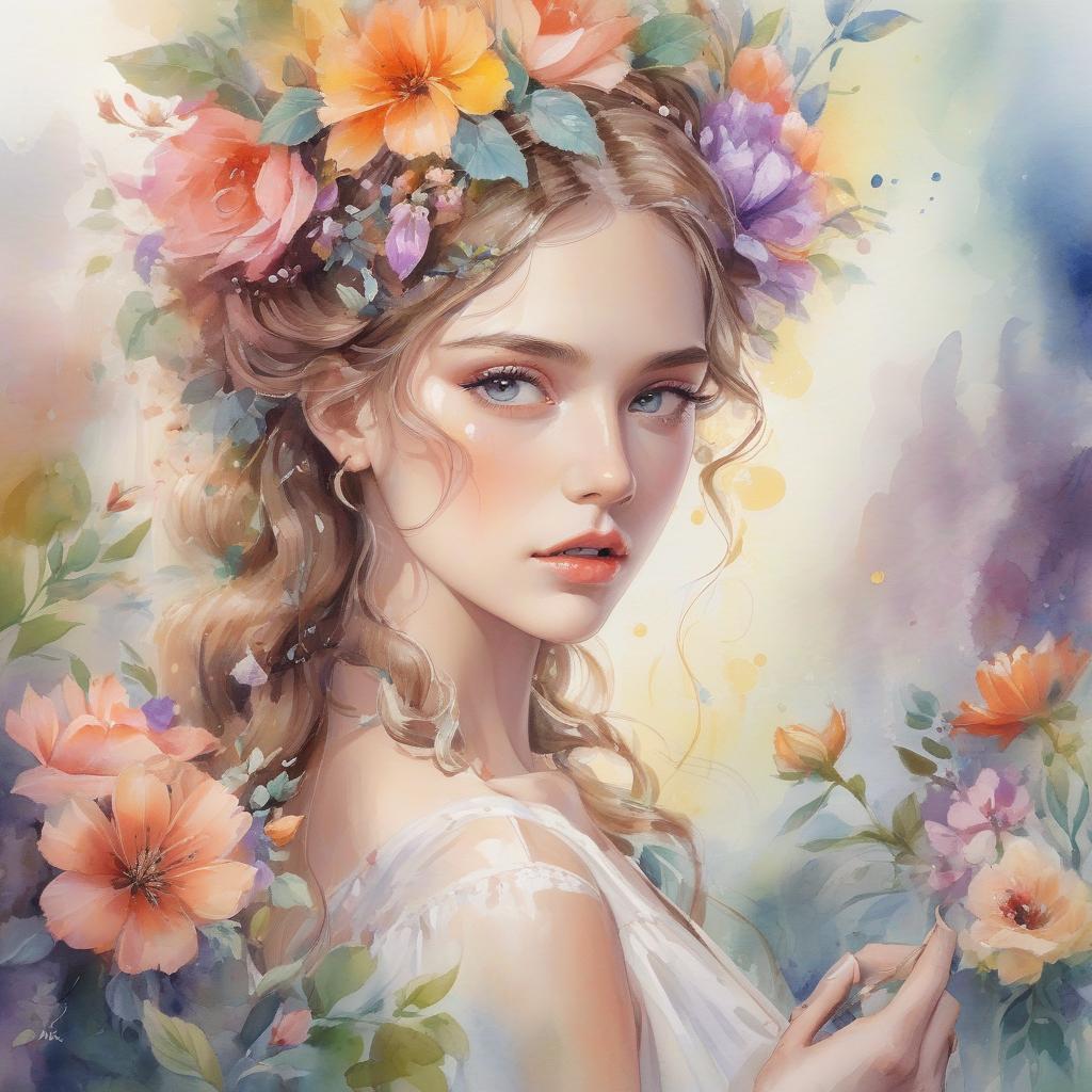  watercolor painting q, 7, ♥, e, there is a woman with flowers in her hair and a dress, beautiful gorgeous digital art, beautiful fantasy art portrait, beautiful digital art, beautiful digital artwork, very beautiful digital art, beautiful fantasy portrait, beautiful feminine face, beautiful art uhd 8 k, gorgeous digital art, beautiful digital painting, beautiful fantasy maiden, karol bak uhd, beautiful art, beautiful painting, by ank . vibrant, beautiful, painterly, detailed, textural, artistic