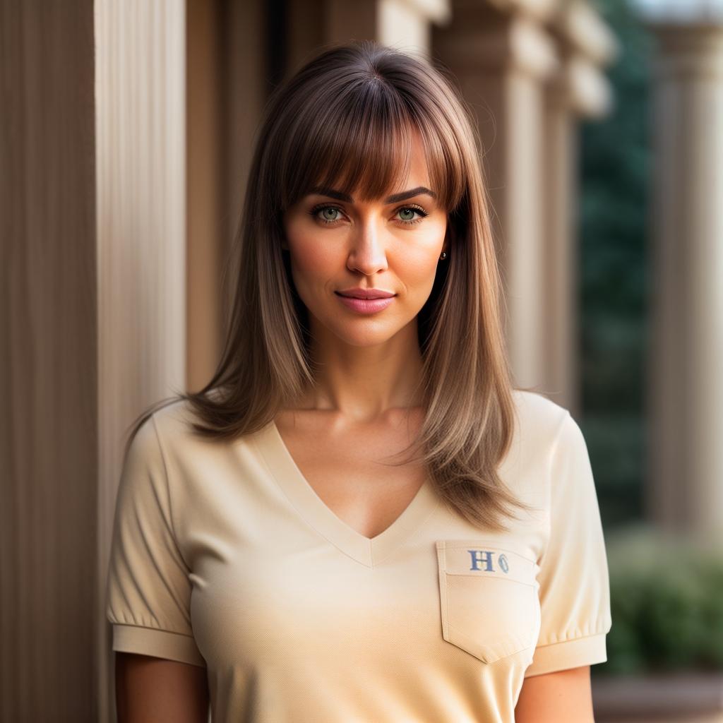  (((realistic full torso frontal head shot of a light beige to medium tan skin tone woman))), liselotte jane winkler, ((caucasian heritage)), immature face, brown eye color, ((bangs hair style)), (( hair color)), (( body type)), small size, big size, (immature flat nose), (immature defined cheekbones), (immature angular jawline), (immature full lips), (immature wide forehead), (immature even eyebrows), (immature dimpled chin), standing straight looking directly into the camera,((wearing fitted polo shirt with deep v neck and monogrammed pocket)), backyard in background, 1, best quality, highest quality, award winning photo, masterpiece, raw, professional photography, photorealism, sharp focus, cinematic, hi hyperrealistic, full body, detailed clothing, highly detailed, cinematic lighting, stunningly beautiful, intricate, sharp focus, f/1. 8, 85mm, (centered image composition), (professionally color graded), ((bright soft diffused light)), volumetric fog, trending on instagram, trending on tumblr, HDR 4K, 8K